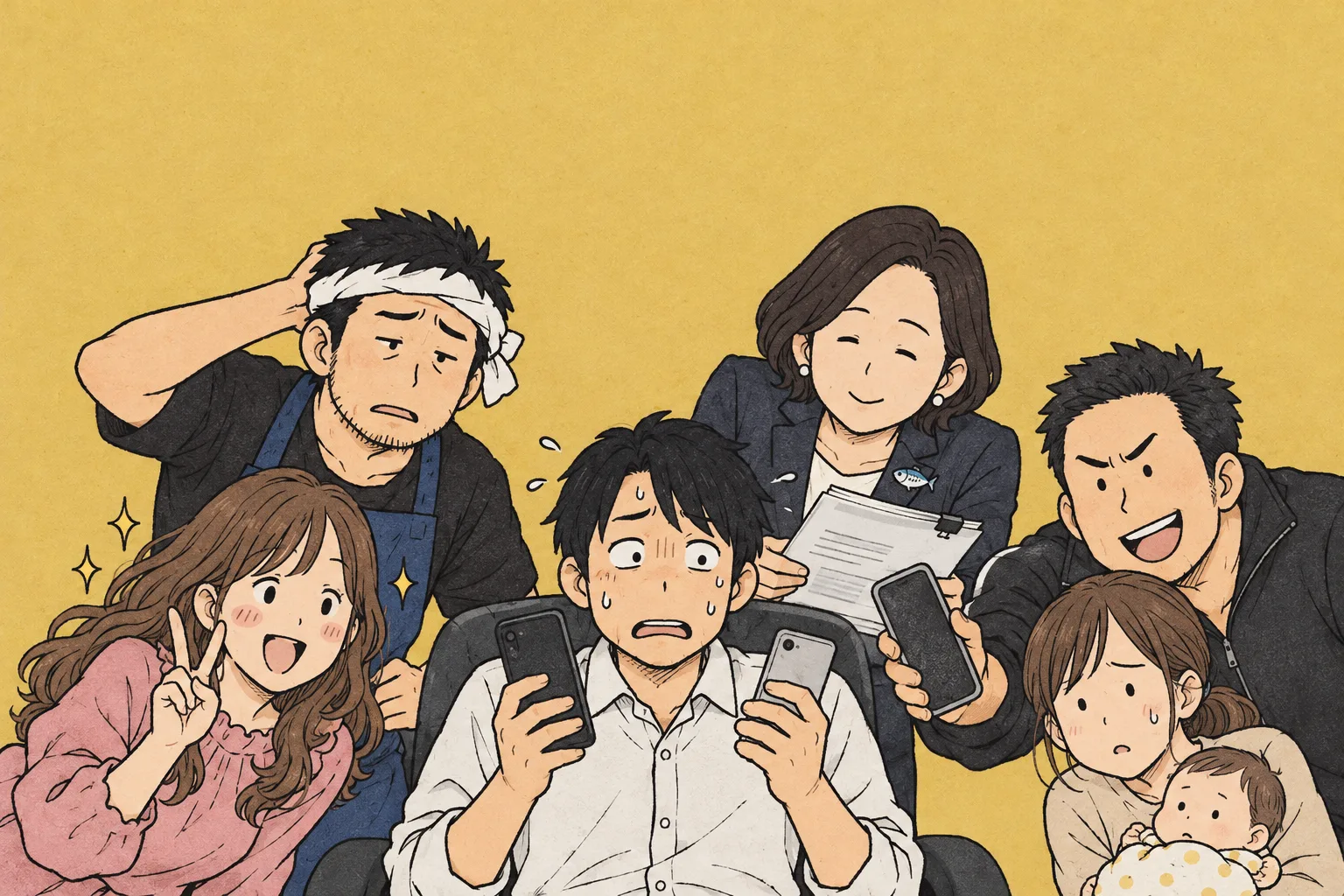 両手のスマホを見て固まるエージェントを、社長・候補者・人事・奥さま・別の候補者が四方から囲んでいる絵